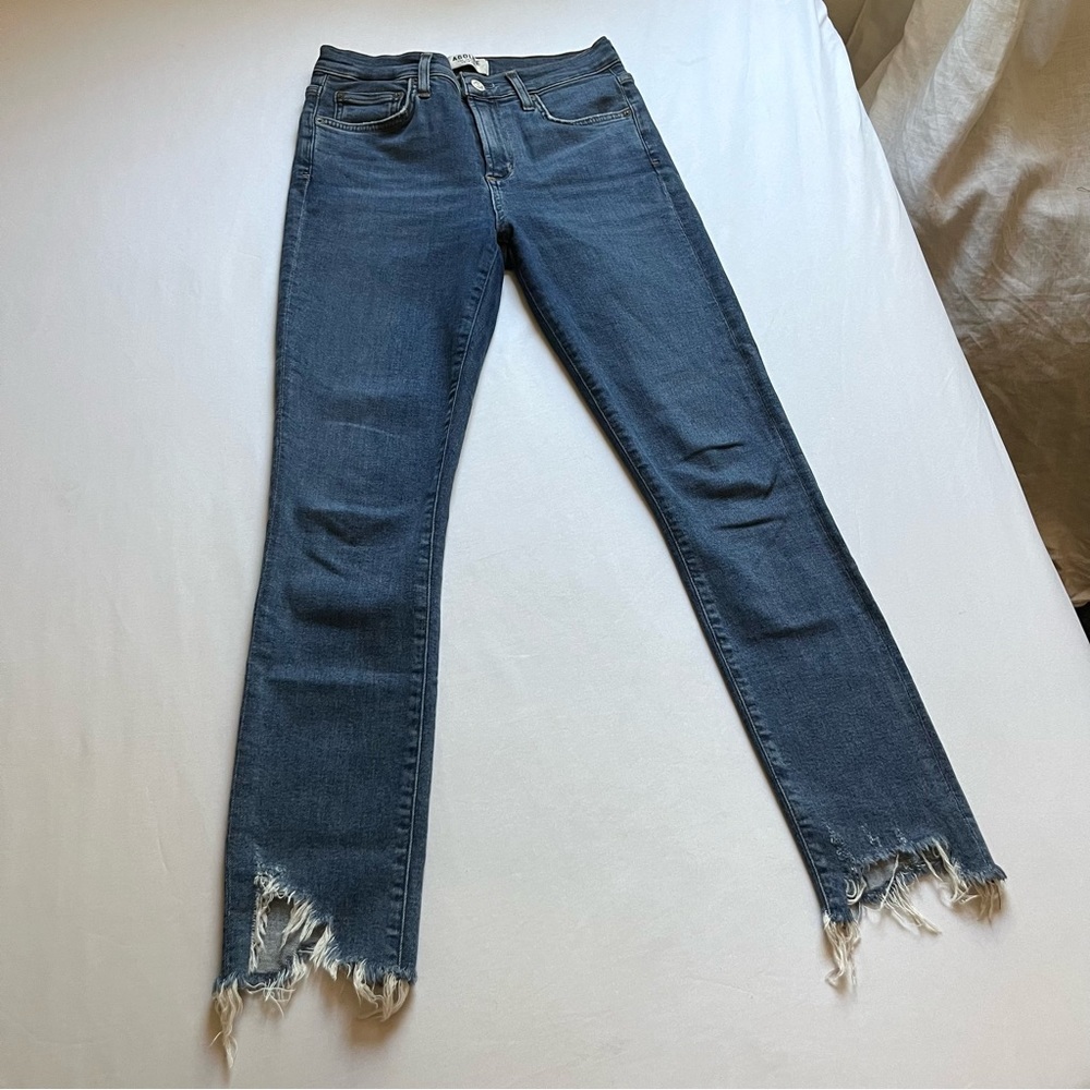AGOLDE blue denim distressed raw fray hem cropped skinny leg jeans